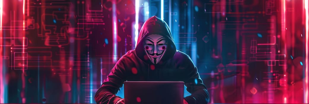 A person in a mask works intently on a laptop, illuminated by vibrant lights and digital graphics in a dark setting during the nighttime hours.