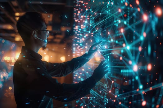 A cybersecurity specialist engages with virtual data displays while analyzing intricate patterns in a dimly lit, technology-driven space.