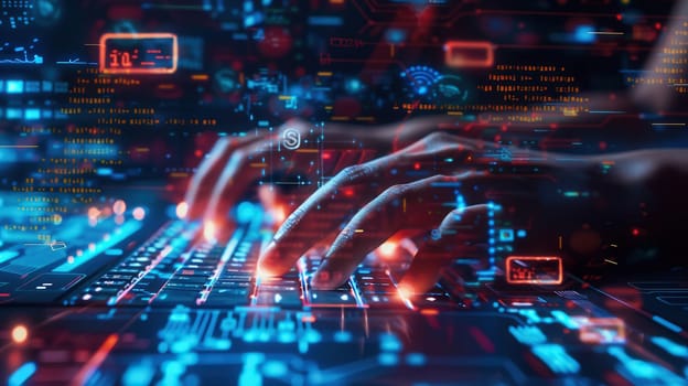 Hacker's hands type swiftly on a keyboard, creating a flurry of digital symbols and codes in a dimly lit setting, reflecting high-tech cybersecurity activities.