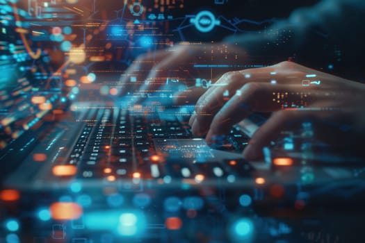A hacker's hands move swiftly across the keyboard, surrounded by glowing digital symbols and coding elements that convey a sense of high-tech activity.
