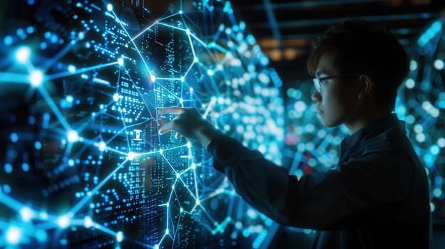 A young hacker interacts with digital networks, illuminated by blue light in a dark environment, showcasing advanced cybersecurity technology.