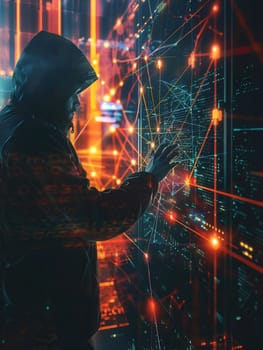 A hooded figure interacts with glowing digital interfaces, surrounded by vibrant network connections in a dark, technologically advanced setting.