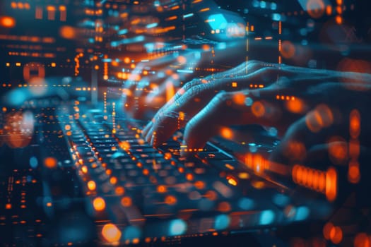 A hacker's hands swiftly navigate a keyboard while digital symbols and codes shimmer above in a darkened environment.