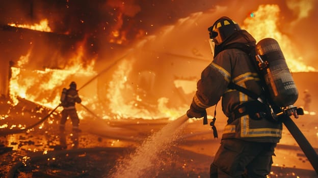 Firefighters combat a fierce blaze, using hoses to douse flames engulfing multiple buildings in a dramatic night fire.