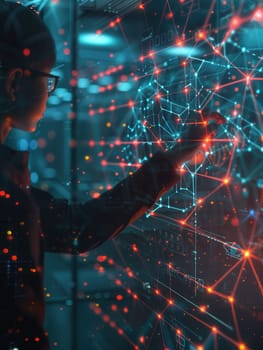 A hacker interacts with an illuminated digital interface, analyzing intricate data patterns in a dark, high-tech setting filled with vibrant lights.