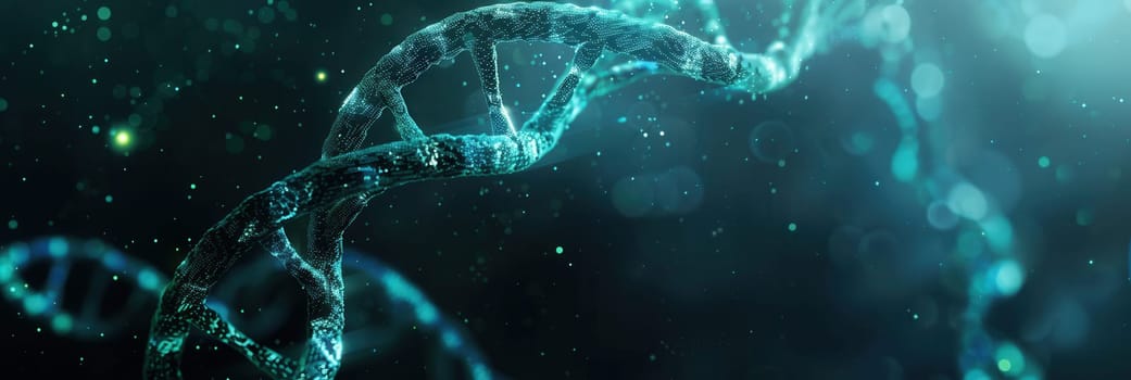 A vibrant double helix DNA structure swirls against an abstract backdrop, illuminated by soft glowing effects and scattered sparkling particles.