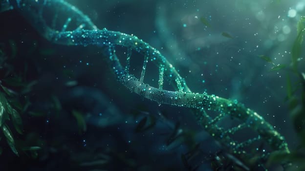 An abstract depiction showcases a glowing double helix DNA structure surrounded by a serene underwater ambiance filled with soft light.