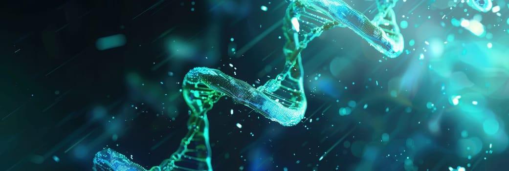 An abstract depiction of a double helix DNA structure illuminated by glowing particles in a captivating, colorful setting.