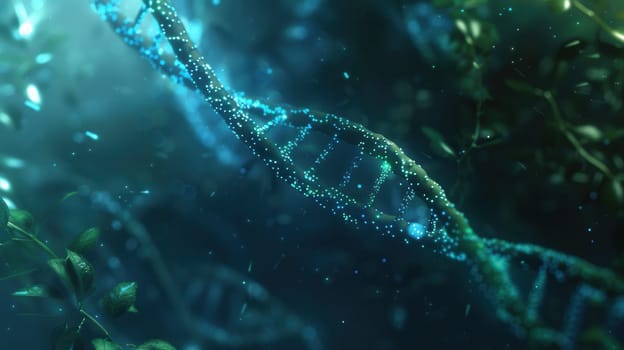 A mesmerizing double helix structure of DNA appears amidst a vibrant abstract background filled with glimmering particles and organic elements.