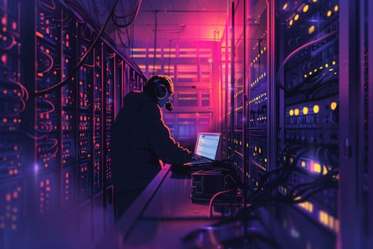 A hacker wearing a headset meticulously analyzes data on a laptop amidst rows of server racks in a dimly lit room.