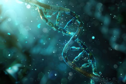 An intricate double helix structure of DNA glows against an abstract background, illuminated by shimmering light particles.