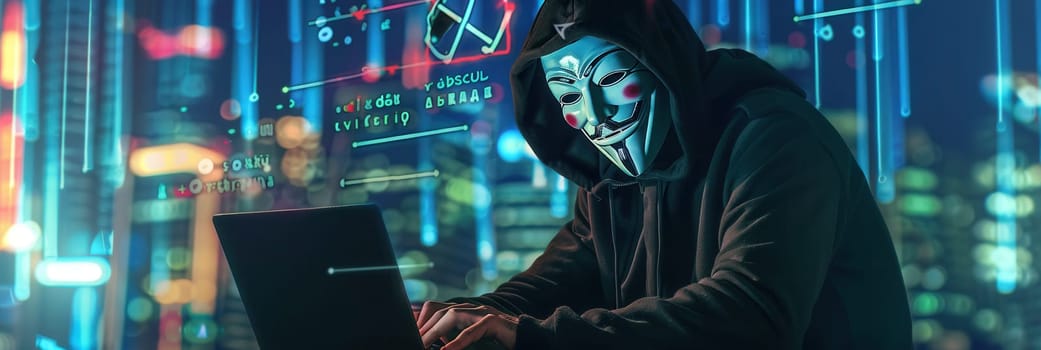 A hacker is focused on their laptop, surrounded by neon lights and digital graphics, in an urban setting at night.