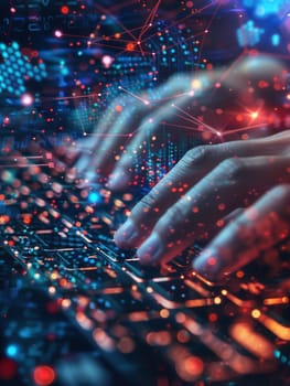 A hacker types on a keyboard, surrounded by a vibrant overlay of digital symbols and codes, creating an atmosphere of high-tech activity.