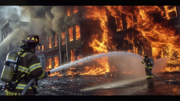 Firefighters battle a massive blaze engulfing a multi-story building, surrounded by flames and smoke, working tirelessly to contain the fire's spread.