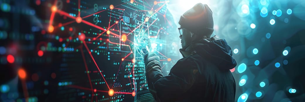 A hacker interacts with complex data visualizations and glowing networks, immersed in a dark, high-tech atmosphere during late nighttime hours.