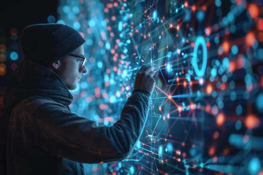 A hacker analyzes data displayed on a luminous digital screen at night, surrounded by vibrant visual patterns in a bustling urban setting.