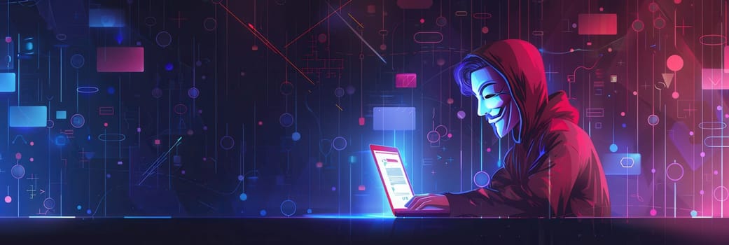 A hooded figure types intently on a laptop, shrouded in darkness, surrounded by glowing digital elements, immersed in the world of hacking.