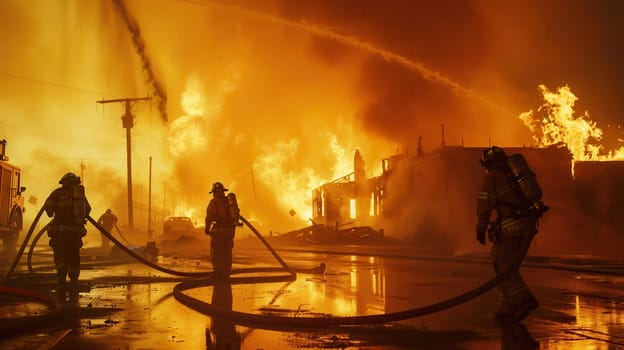 Firefighters work tirelessly to extinguish a large fire engulfing a multi-story building, with flames threatening adjacent structures.