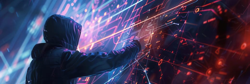 A hacker interacts with complex digital displays, methodically inputting commands in a dark environment filled with glowing graphics.