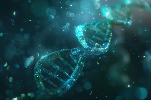 An abstract design illustrates a glowing double helix DNA structure with shimmering particles in a captivating array of colors.