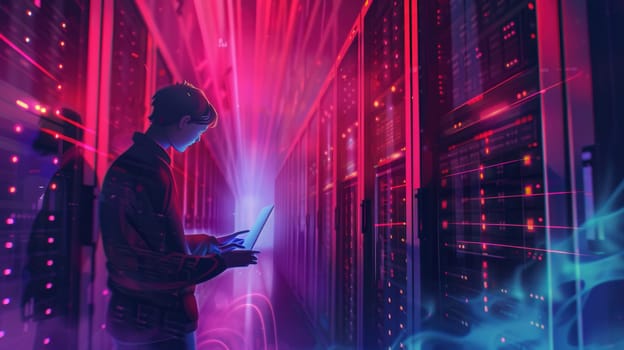 A hacker works diligently in a vibrant data center, illuminated by colorful lights and beams, focusing on a laptop amidst rows of servers.