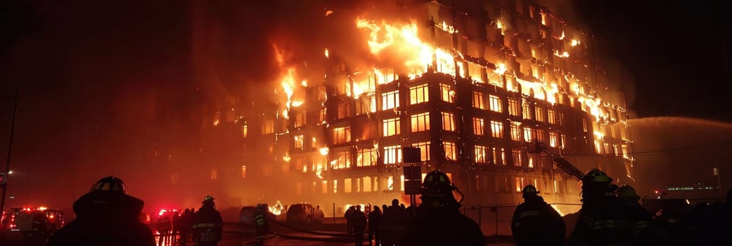 Firefighters work tirelessly to extinguish a raging fire engulfing a tall building, amidst flames and smoke rising from nearby structures.
