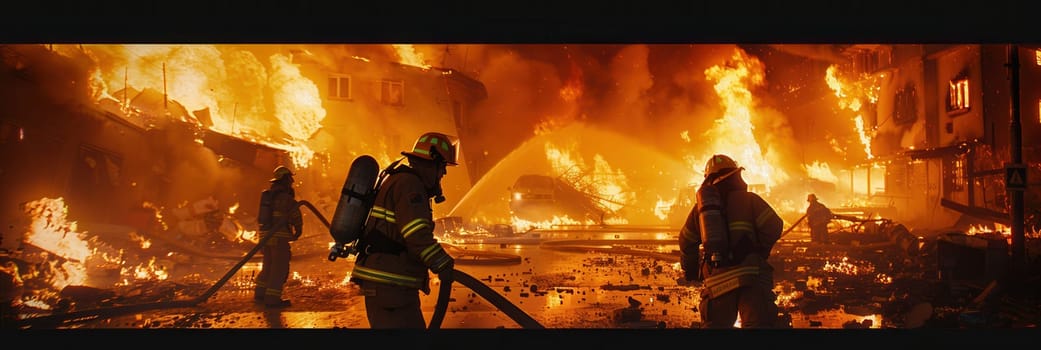 Firefighters combat a massive blaze engulfing a multi-story building, surrounded by flames and smoke, as they work to extinguish the fire.
