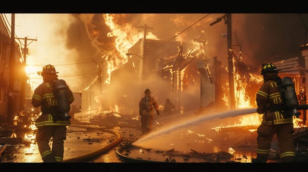 Firefighters work diligently to extinguish flames consuming a multi-story building amidst intense heat and smoke from neighboring structures.