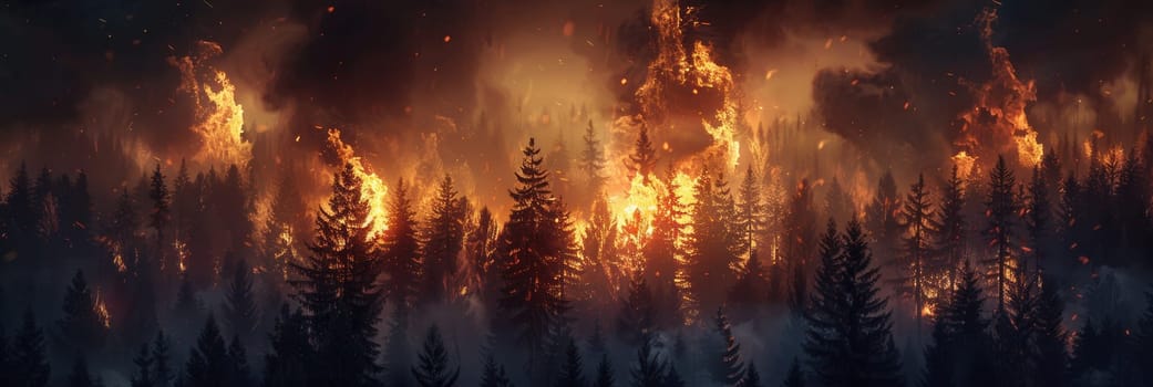 Bright flames engulf the forest as smoke and ash billow into the air, creating a dramatic and destructive landscape.