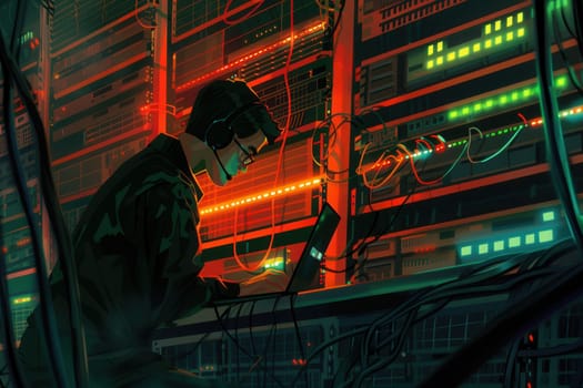 A hacker is focused on his laptop while surrounded by glowing servers and tangled cables in a dimly lit server room.