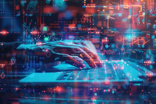 Hands are typing swiftly on a keyboard while digital symbols and codes overlay the workspace, conveying an intense atmosphere of hacking activity.