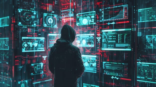 A hooded figure examines complex data on glowing screens in a dark environment, illuminated by vibrant red and blue lights.