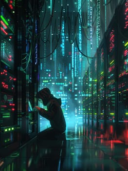 A lone hacker sits focused in a dimly lit data center, surrounded by glowing servers and cables, engaged in intense digital activities during the night.