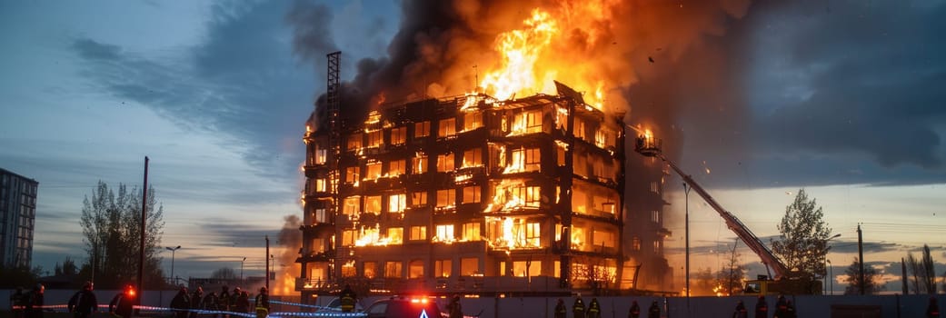 Firefighters battle a large blaze engulfing a multi-story building, surrounded by flames and smoke during the evening hours.