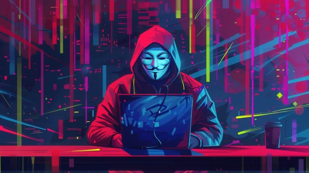 A figure in a hoodie with a mask sits at a desk, focused on a laptop surrounded by vibrant digital patterns and a coffee cup, immersed in cyber activities.
