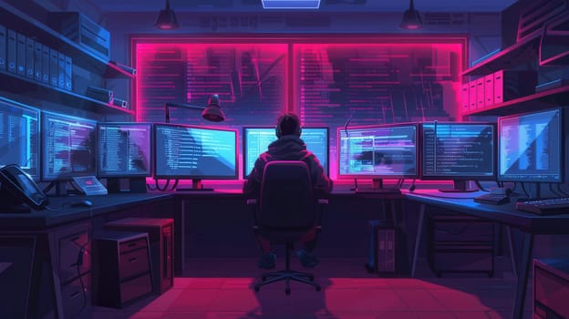 A hacker engaged in coding, illuminated by screens in a dark room filled with tech equipment.