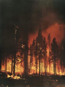 Flames engulf trees as a fierce forest fire rages, with thick smoke and ash rising dramatically into the evening sky.