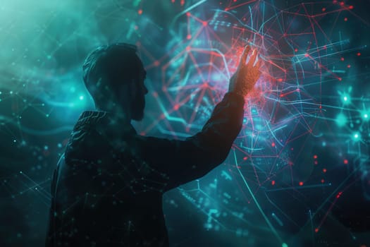A hacker manipulates a glowing digital interface, highlighting complex data patterns and networks in a dimly lit atmosphere.