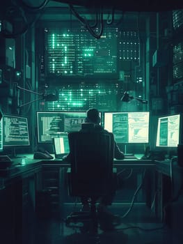 A hacker immersed in work at a desk with multiple computer screens in a dimly lit room, displaying lines of code and data.
