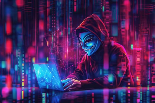 A hacker in a hooded sweatshirt focuses intently on a laptop, surrounded by vibrant digital effects and colorful data streams in a dark environment.
