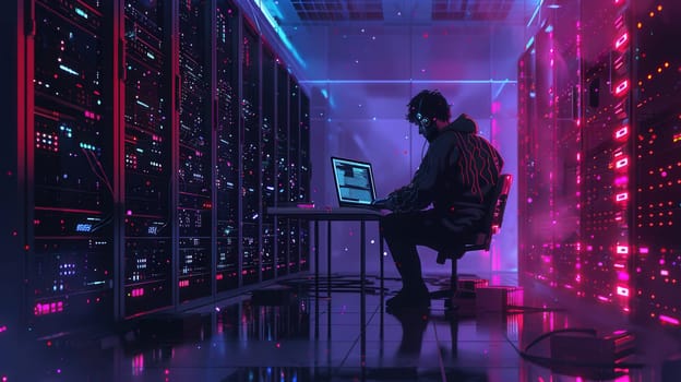 A person engages in programming at a desk surrounded by servers, illuminated by vibrant lights, deep into the night.
