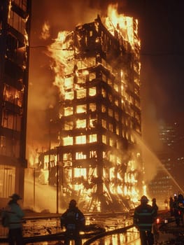 Firefighters work diligently to extinguish a massive blaze engulfing a multi-story building, surrounded by flames and burning structures.