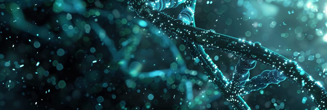 A captivating double helix structure of DNA is highlighted by dynamic particles in a dark, abstract backdrop, creating a sense of depth and intrigue.