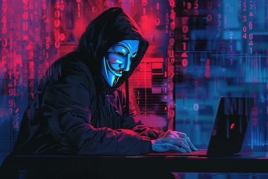 A hooded figure sits at a desk, focused intently on a laptop screen illuminated by vibrant colors in a dimly lit room.