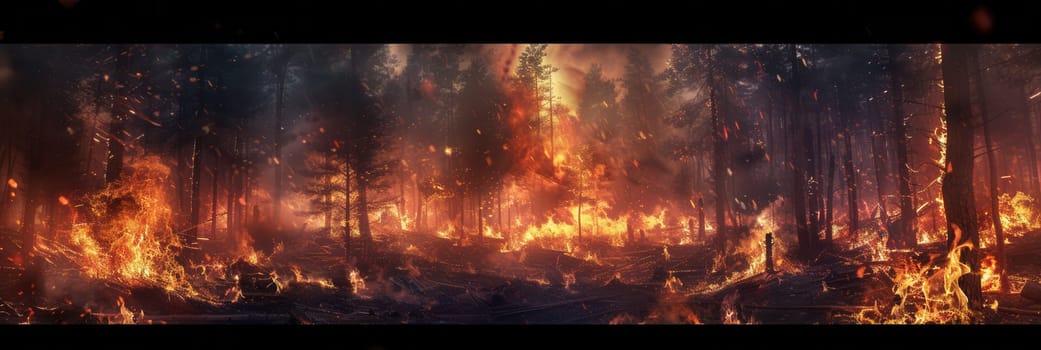 Flames engulf the forest, fiercely consuming trees while smoke and ash billow into the air, highlighting the devastation of a raging wildfire.