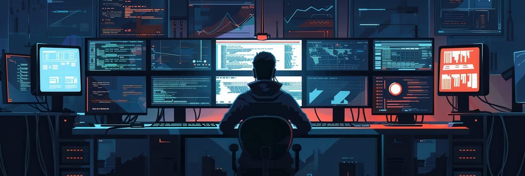 A hacker focuses intently on code and data displayed across various screens in a dark, technology-filled room during the night.