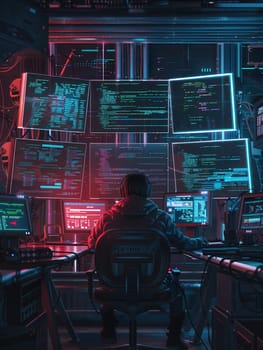 A hacker engages intensely with multiple glowing computer screens in a dark, cluttered workspace during late night hours.