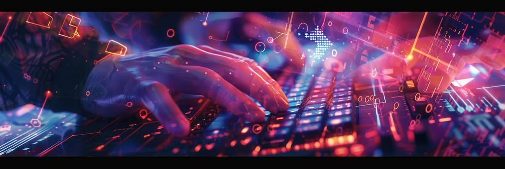 A hacker’s hands move rapidly over a keyboard, surrounded by vibrant digital codes and symbols, creating an electrifying atmosphere of cyber activity.