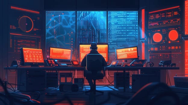 A hacker sits at a desk, engulfed in the glow of multiple computer screens, deeply focused on cybersecurity tasks within a dimly lit room.