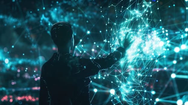 A hacker uses advanced tools to analyze virtual data amidst glowing network connections in a dimly lit environment.